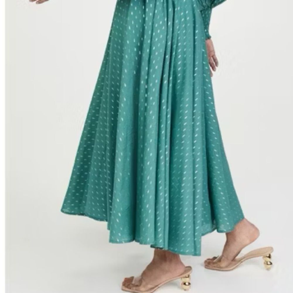 Abacaxi Eva Dress Teal Metallic Cotton Maxi Puff Sleeve Smocked Bodice Sz Large - Picture 4 of 16